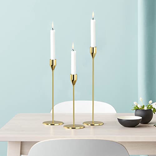 SUJUN Candle Holders Set of 3 for Taper Candles, Decorative Candlestick Holder for Wedding, Dinning, Party, Fits 3/4 inch Thick Candle&Led Candles (Metal Candle Stand) (Gold)