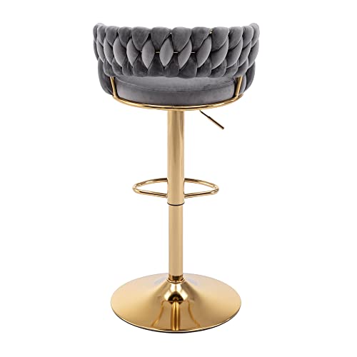 ABET Gold Bar Stool Set of 2, Velvet Swivel Woven Barstools, Height Adjustable Counter Stools with Hollow Back, Upholstered Modern Luxury Kitchen Stools with Footrest for Cafe, Pub, Gray