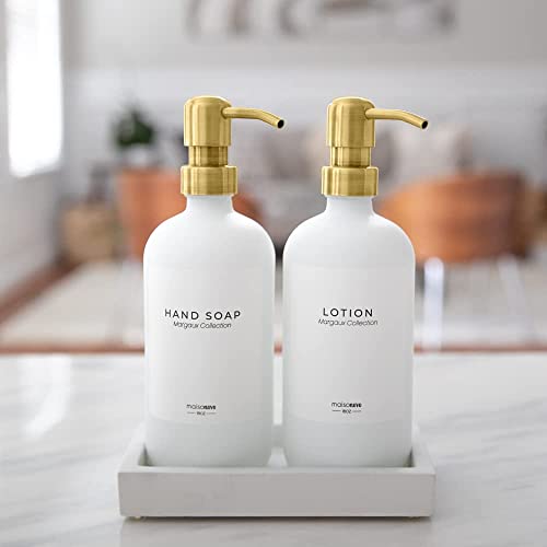 MaisoNovo Glass Soap Dispenser with Pump and Concrete Tray | Vintage Soap Dispenser Bathroom & Kitchen Set w. Dish Soap, Hand Soap, Lotion Waterproof Labels | White Bottles with Gold Pumps 16 oz