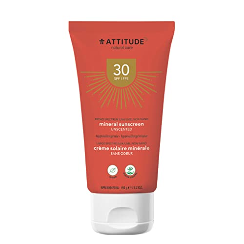 ATTITUDE Mineral Sunscreen, Broad Spectrum UVA/UVB, Reef-Friendly, Hypoallergenic, Vegan and Cruelty-free, SPF 30, Unscented, 5.2 Oz