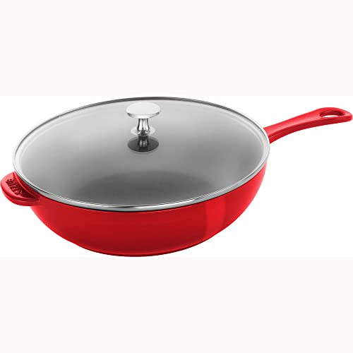 STAUB Cast Iron Pan with Lid 10-inch, 2.9 Quart Serves 2-3, Fry Pan, Cast Iron Skillet, Wok, Made in France, Cherry
