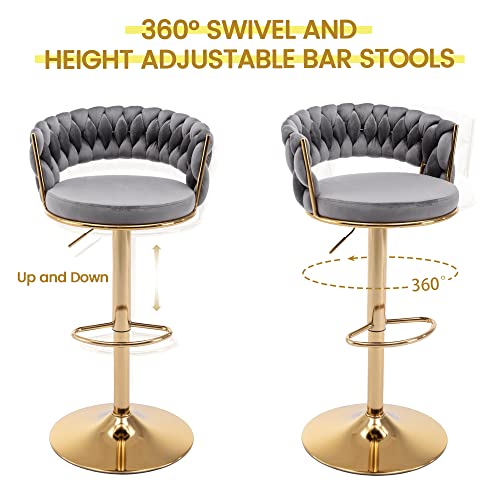 ABET Gold Bar Stool Set of 2, Velvet Swivel Woven Barstools, Height Adjustable Counter Stools with Hollow Back, Upholstered Modern Luxury Kitchen Stools with Footrest for Cafe, Pub, Gray