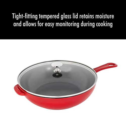 STAUB Cast Iron Pan with Lid 10-inch, 2.9 Quart Serves 2-3, Fry Pan, Cast Iron Skillet, Wok, Made in France, Cherry