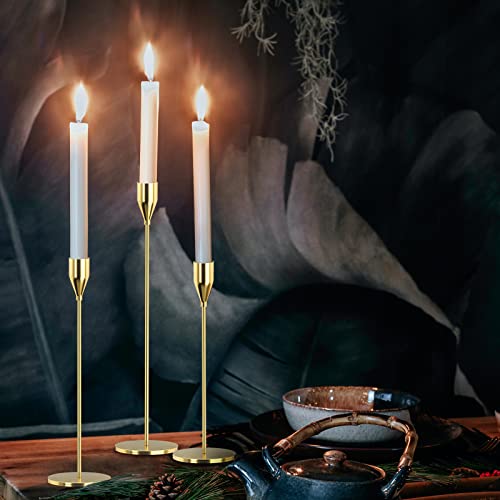 SUJUN Candle Holders Set of 3 for Taper Candles, Decorative Candlestick Holder for Wedding, Dinning, Party, Fits 3/4 inch Thick Candle&Led Candles (Metal Candle Stand) (Gold)