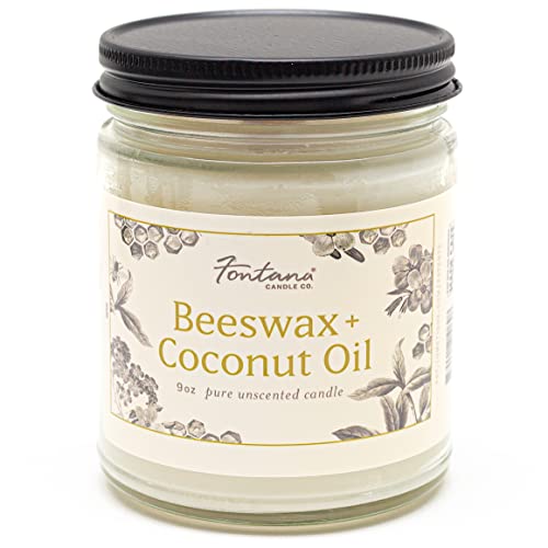 Fontana Candle Company - Beeswax and Coconut Oil Unscented Candle 9oz | Wood Wick | Non Toxic | Long Burn Time | Beautiful Glass Jar Display