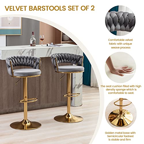 ABET Gold Bar Stool Set of 2, Velvet Swivel Woven Barstools, Height Adjustable Counter Stools with Hollow Back, Upholstered Modern Luxury Kitchen Stools with Footrest for Cafe, Pub, Gray
