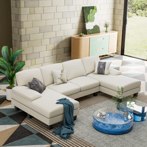 Flamaker Convertible Sectional Sofa Couch, Modern Fabric U-Shaped Living Room Furniture Set, 4-Seat Sectional Sleeper Sofa with Double Chaise & Memory Foam (White)