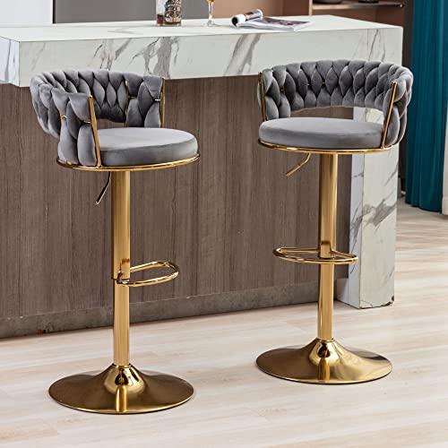 ABET Gold Bar Stool Set of 2, Velvet Swivel Woven Barstools, Height Adjustable Counter Stools with Hollow Back, Upholstered Modern Luxury Kitchen Stools with Footrest for Cafe, Pub, Gray