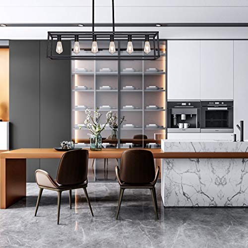 Sivilynus Black Chandelier Lighting Fixture 6 Light Metal Kitchen Island Farmhouse Dining Room Light for Table Linear Rectangular Pendant Light
