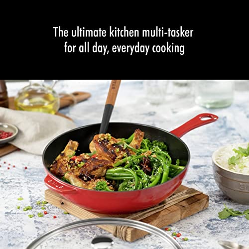 STAUB Cast Iron Pan with Lid 10-inch, 2.9 Quart Serves 2-3, Fry Pan, Cast Iron Skillet, Wok, Made in France, Cherry
