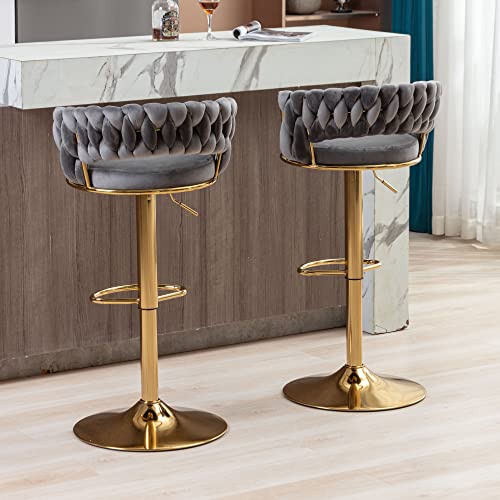 ABET Gold Bar Stool Set of 2, Velvet Swivel Woven Barstools, Height Adjustable Counter Stools with Hollow Back, Upholstered Modern Luxury Kitchen Stools with Footrest for Cafe, Pub, Gray