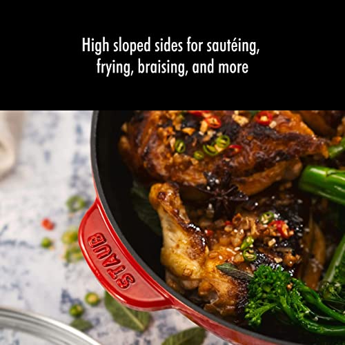 STAUB Cast Iron Pan with Lid 10-inch, 2.9 Quart Serves 2-3, Fry Pan, Cast Iron Skillet, Wok, Made in France, Cherry