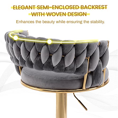 ABET Gold Bar Stool Set of 2, Velvet Swivel Woven Barstools, Height Adjustable Counter Stools with Hollow Back, Upholstered Modern Luxury Kitchen Stools with Footrest for Cafe, Pub, Gray