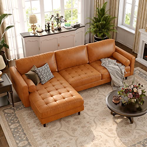 Giantex Sectional Sofa Couch with Chaise Lounge, L-Shaped 3-Seat Sofa Sleeper, CertiPUR-US Sponge Air Leather, 9 Birch Wood Legs, Backrest and Bolsters, for Living Room Apartment Office Easy Assembly