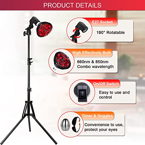 wolezek Red Light Therapy Lamp with Stand, 18 LEDs 660nm Red and 850nm Near Infrared Combo Bulb Red Light Therapy Device for Body and Face, Included 15"-61" Adjustable Tripod, Timer and Goggles