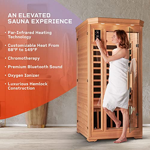 LifePro 1 Person Far Infrared Sauna for Home - Home Sauna, Tempered Glass Door, Oxygen Ionizer, & 7 Chromotherapy Lights for Indoor Sauna - Canadian Hemlock Wood Dry Sauna with Bluetooth Sound System