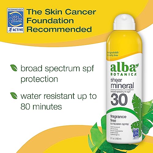 Alba Botanica Sunscreen for Face and Body, Fragrance-Free Sheer Mineral Sunscreen Spray, Broad Spectrum SPF 30, Water Resistant and Biodegradable, 5 fl. oz. Bottle