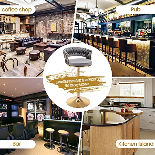 ABET Gold Bar Stool Set of 2, Velvet Swivel Woven Barstools, Height Adjustable Counter Stools with Hollow Back, Upholstered Modern Luxury Kitchen Stools with Footrest for Cafe, Pub, Gray