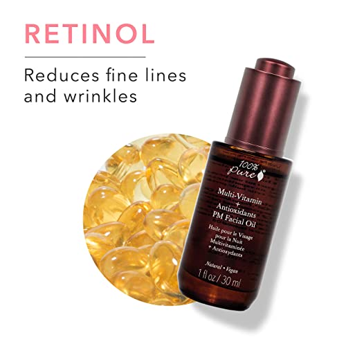 100% PURE Multi-Vitamin + Antioxidants PM Facial Oil, Anti-Aging Skin Care, Night Facial Oil, Anti-Wrinkle, Natural Face Moisturizer w/Retinol, Vitamin C, CoQ10-1 Fl Oz