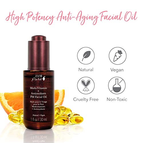 100% PURE Multi-Vitamin + Antioxidants PM Facial Oil, Anti-Aging Skin Care, Night Facial Oil, Anti-Wrinkle, Natural Face Moisturizer w/Retinol, Vitamin C, CoQ10-1 Fl Oz