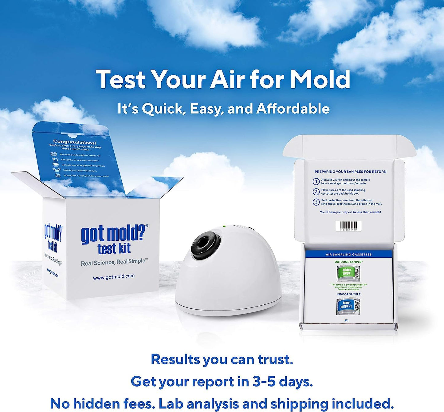 GOT MOLD? Test Kit | Professional Quality Mold Test Kit | Air Sampling w/Reusable BioVac™ Air Sampler | Lab Fees Included | Full Mold Type and Quantity Analysis | 1, 2 and 3-Room Test Kits & Refills