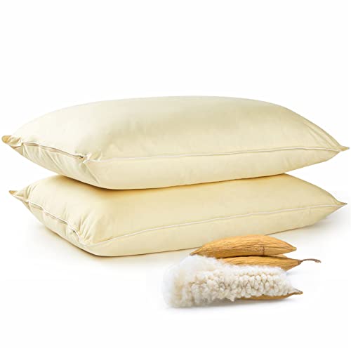 Cheer Collection Set of 2 Organic Kapok Bed Pillows, Natural Kapok Fiber Filled Sleeping Pillows with Breathable Cotton Shell, King Size, 20 x 36 inches