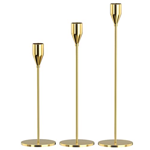 SUJUN Candle Holders Set of 3 for Taper Candles, Decorative Candlestick Holder for Wedding, Dinning, Party, Fits 3/4 inch Thick Candle&Led Candles (Metal Candle Stand) (Gold)