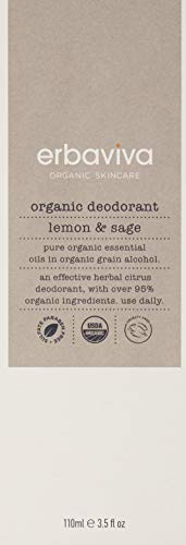 Erbaviva Lemon & Sage Organic Deodrant 3.5 Fl Oz - Underarm Spray with Powerful All Natural Essential Oils - Unisex Warm & Woodsy Smelling Deodorant For Odor Protection, Aluminum and Chemical Free