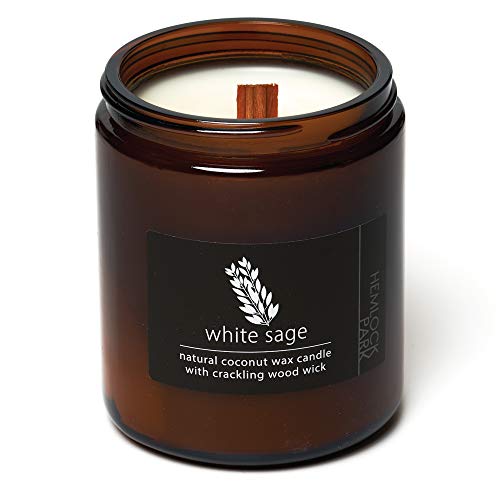 Crackling Wood Wick Candle Handcrafted with Natural Coconut Wax and Essential Oils (White Sage, Standard 8 oz)