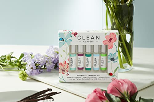 CLEAN CLASSIC Eau de Parfum Rollerball Fragrance Spring Gift Set | Includes Warm Cotton, Skin, Rain, Soft Laundry, and Apple Blossom | 5 x .17 oz or 5 mL