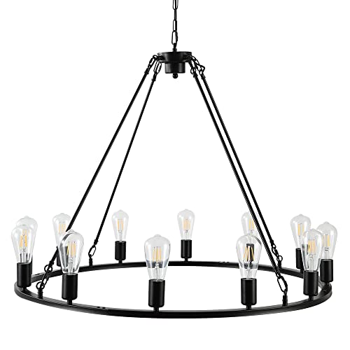 EPPARA Wagon Wheel Chandelier 12 Light-35.43in,Black Wagon Wheel Large Chandeliers for Kitchen Island,Round Light Fixture Farmhouse Chandeliers for Dining Room Living Bedroom Hallway