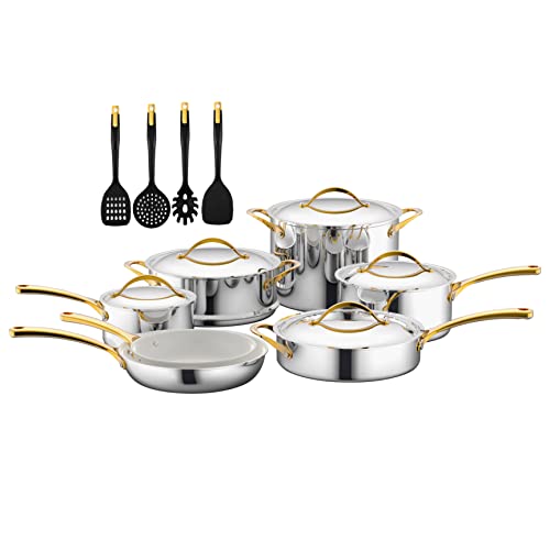 NutriChef Kitchenware Pots & Pans Set - 16-Piece Set Clad Kitchen Cookware with Nylon Utensils, Fry Pan Interior Coated with Prestige Ceramic Non-Stick Coating, Stylish Kitchen Cookware