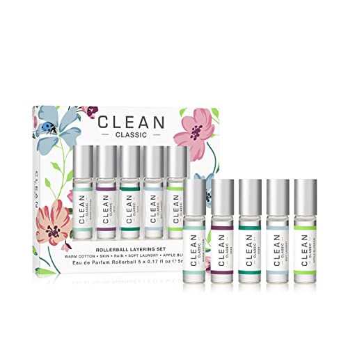 CLEAN CLASSIC Eau de Parfum Rollerball Fragrance Spring Gift Set | Includes Warm Cotton, Skin, Rain, Soft Laundry, and Apple Blossom | 5 x .17 oz or 5 mL
