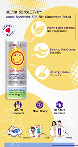 California Baby Super Sensitive SPF 30+ Sunscreen Stick | Broad Spectrum | Unscented Mineral Sunscreen Face & Body | Titanium Dioxide | Allergy-Friendly | Reef Safe Sunscreen | Mineral Sunscreen For Sensitive Skin | 14 g / 0.5 oz.