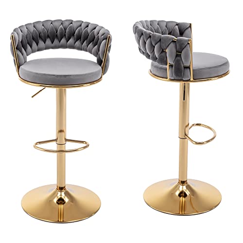 ABET Gold Bar Stool Set of 2, Velvet Swivel Woven Barstools, Height Adjustable Counter Stools with Hollow Back, Upholstered Modern Luxury Kitchen Stools with Footrest for Cafe, Pub, Gray