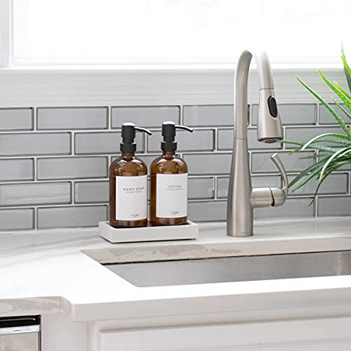 MaisoNovo Glass Soap Dispenser with Pump and Concrete Tray | Vintage Soap Dispenser Bathroom and Kitchen Set w. Dish Soap, Hand Soap, Lotion Waterproof Labels | Amber Bottles with Black Pumps 16 oz