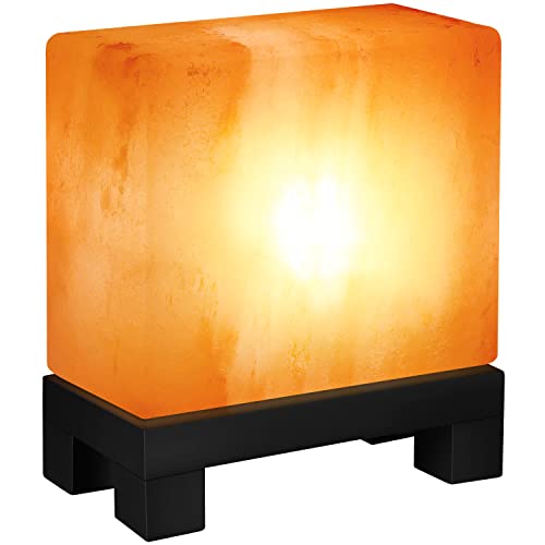 UMAID Authentic Natural Himalayan Salt Lamp, Hand-Carved Modern Rectangle in Pink Crystal Natural Rock Salt from The Himalayan Mountains, Stylish Footed Wood Base, UL-Listed Dimmer Cord