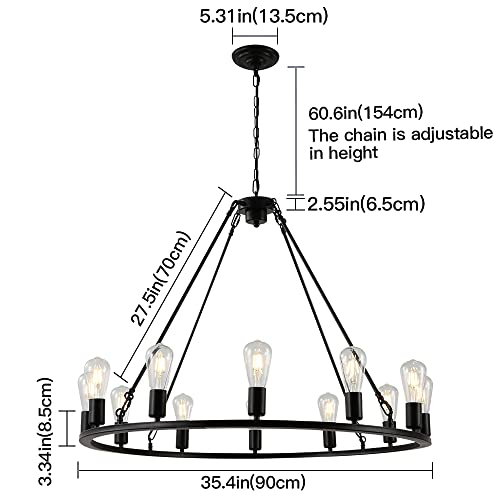 EPPARA Wagon Wheel Chandelier 12 Light-35.43in,Black Wagon Wheel Large Chandeliers for Kitchen Island,Round Light Fixture Farmhouse Chandeliers for Dining Room Living Bedroom Hallway