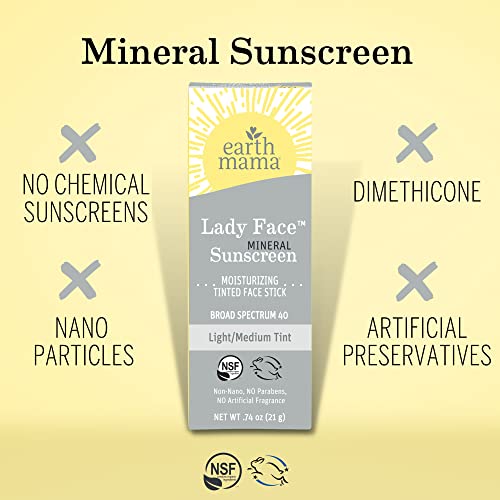 Earth Mama Lady Face® Tinted Mineral Sunscreen Face Stick SPF 40 Light/Medium Tint | Contains Organic Shea & Cocoa Butter | Foundation + Concealer Blends with Most Skin Tones