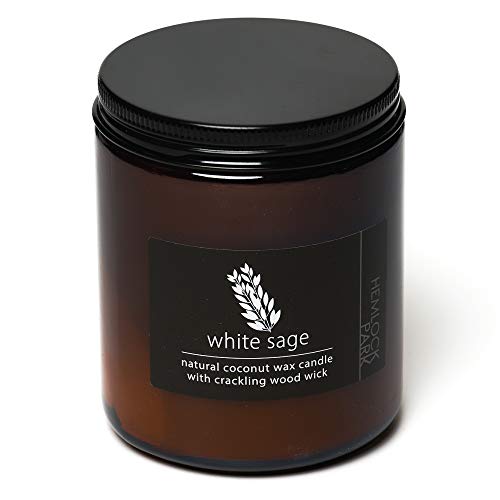 Crackling Wood Wick Candle Handcrafted with Natural Coconut Wax and Essential Oils (White Sage, Standard 8 oz)