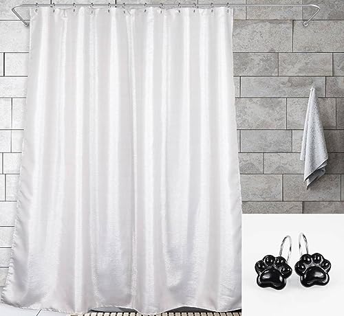 Silver White Shower Curtain & Black Cat Paw Hooks - 72x78 Waterproof Washable Sparkle Glitter Fabric Shower Curtain - 12 PCS Rust Proof Metal Shower Curtain Rings (2 Item Bundle)