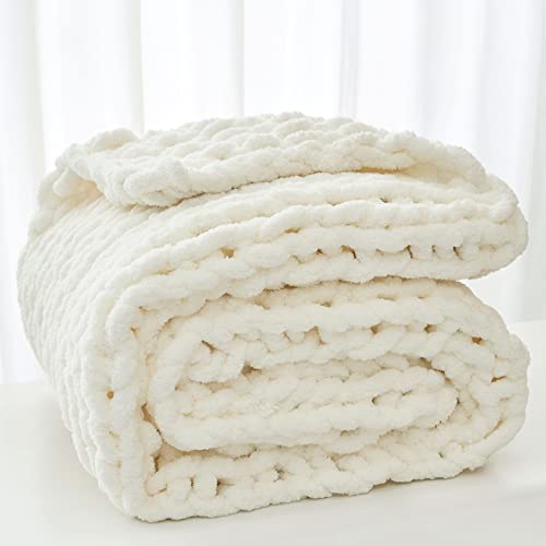 Longhui bedding Handmade Chunky Knit Blankets, Luxurious Chenille Cable Knit Throw Blanket Yarn for Couch Sofa and Bed, Ultra Soft Decorative Cream Christmas Blanket, Machine Washable 51 x 63