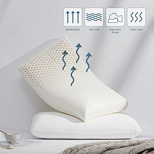 JABXKEJI Talalay Latex Pillows for Sleeping Queen Size, Medium Firm, 100% Natural No Memory Foam Chemicals, for Side, Back & Stomach Sleepers, to Alleviate Neck, Shoulder & Back Pain
