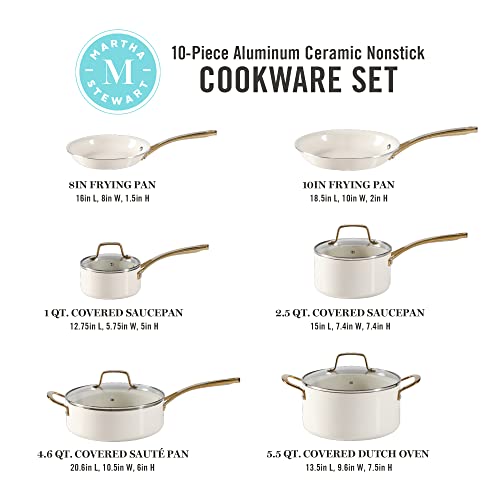 Martha Stewart Lockton Premium Nonstick PFA Free Ceramic Interior 10 Piece Heavy Gauge Enamel Aluminum Pots and Pans Cookware Set - Linen White w/Gold Handle
