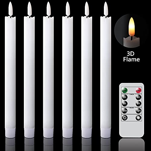 GenSwin Taper Flameless Candles Flickering with 10-Key Remote, Battery Operated Led Warm 3D Wick Light Window Candles Real Wax Pack of 6, Christmas Home Wedding Decor(White, 0.78 X 9.64 Inch)