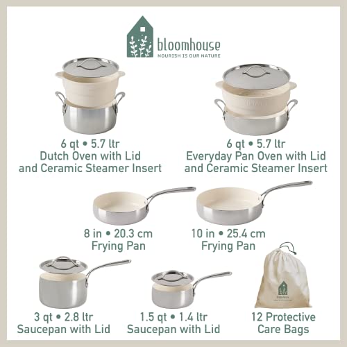 Bloomhouse - Oprah's Favorite Things - 12 Piece Triply Stainless Steel Cookware Set w/Non-Stick Non-Toxic Ceramic Interior, Ceramic Steamer Inserts, & 12 Protective Care Bags