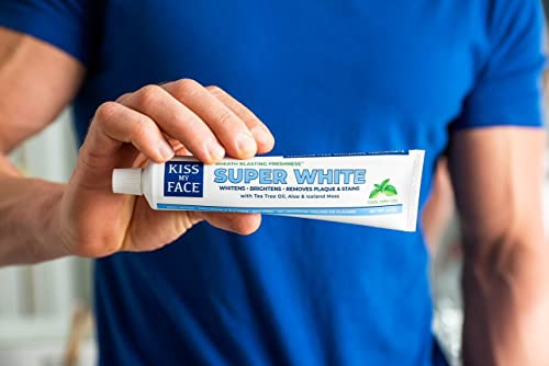Kiss My Face Super White Cool Mint Gel Toothpaste, SLS And Fluoride Free, Removes Plaque And Prevents Tartar, With Added Tea Tree Oil, Aloe And Iceland Moss, 4.5 Oz