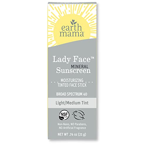 Earth Mama Lady Face® Tinted Mineral Sunscreen Face Stick SPF 40 Light/Medium Tint | Contains Organic Shea & Cocoa Butter | Foundation + Concealer Blends with Most Skin Tones