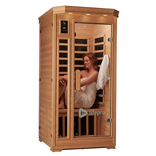 LifePro 1 Person Far Infrared Sauna for Home - Home Sauna, Tempered Glass Door, Oxygen Ionizer, & 7 Chromotherapy Lights for Indoor Sauna - Canadian Hemlock Wood Dry Sauna with Bluetooth Sound System