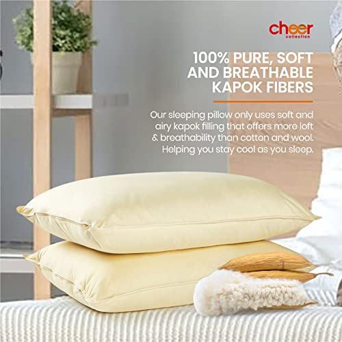 Cheer Collection Set of 2 Organic Kapok Bed Pillows, Natural Kapok Fiber Filled Sleeping Pillows with Breathable Cotton Shell, King Size, 20 x 36 inches